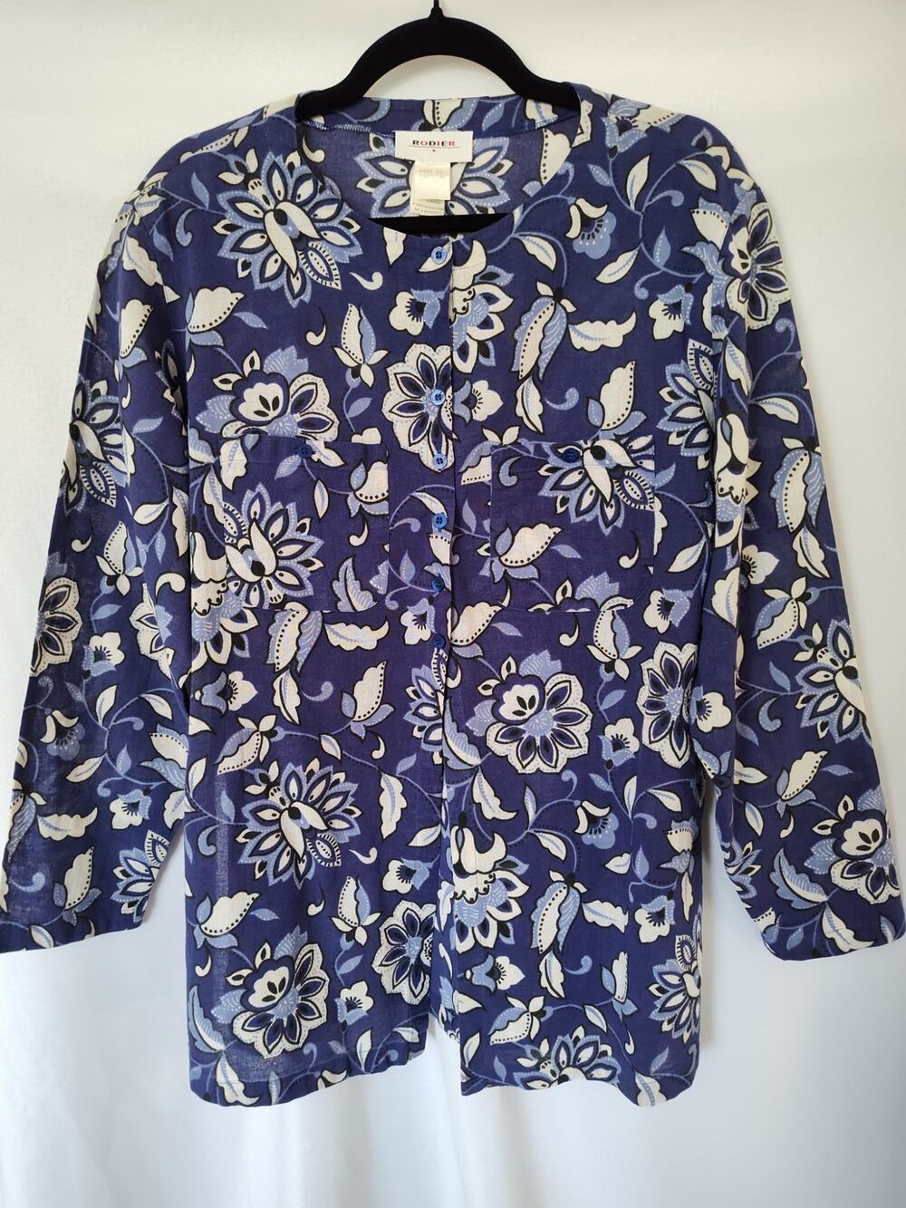 VTG Rodier Paris 100% Cotton Floral Button Front Shirt Jacket Pockets Blue